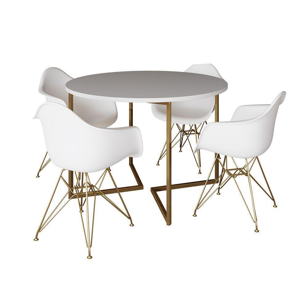 Mesa Jantar Industrial Branca 110Cm Redonda Base V Com 4 Poltronas Daw Brancas Base Dou Branco - 6