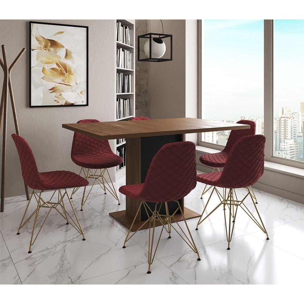 Mesa Jantar Londres Retangular Amêndoa 137X90 Base Preta 6 Cadeiras Estofadas Vermelho Base Dourado - 1