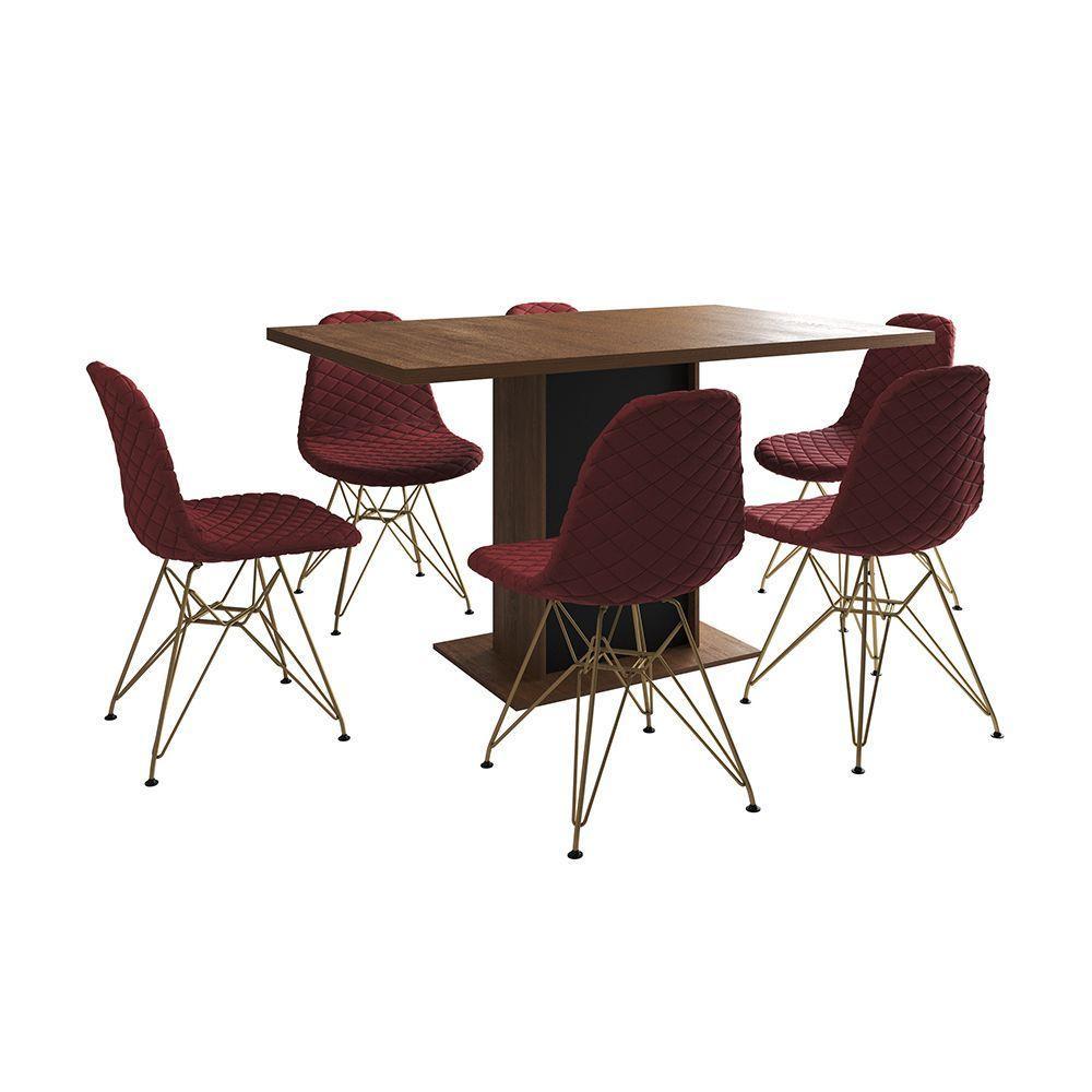 Mesa Jantar Londres Retangular Amêndoa 137X90 Base Preta 6 Cadeiras Estofadas Vermelho Base Dourado - 7