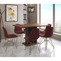 Mesa Jantar Londres Retangular Amêndoa 137X90 Base Preta 6 Cadeiras Estofadas Vermelho Base Dourado - 1