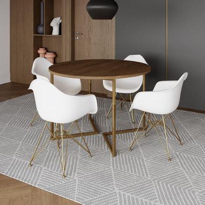 Mesa Jantar Industrial Amêndoa 110Cm Redonda Base V Com 4 Poltronas Daw Brancas Base Do Marrom