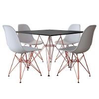 Mesa De Jantar Eames Eiffel Quadrada Preta 90Cm Com 4 Cadeiras Brancas Base Ferro Cobre - 1