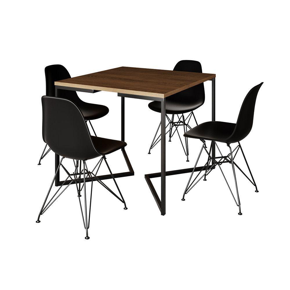 Mesa Jantar Industrial Quadrada 90Cm Amêndoa Base V Com 4 Cadeiras Eames Eiffel Pretas Ferro Preto - 6