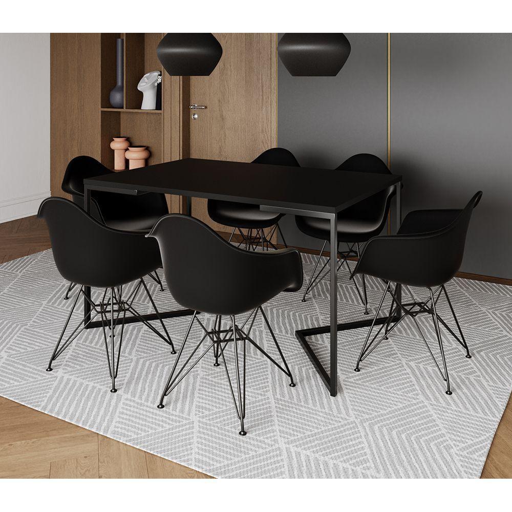 Mesa Jantar Industrial Retangular Preta 137X90Cm Base V Com 6 Poltronas Pretas Ferro Pr Marrom - 1