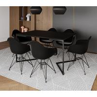 Mesa Jantar Industrial Retangular Preta 137X90Cm Base V Com 6 Poltronas Pretas Ferro Pr Marrom - 1