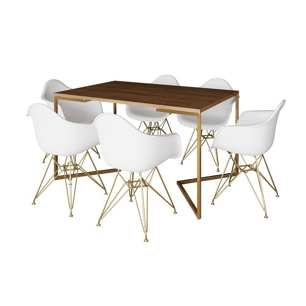 Mesa Jantar Industrial Amêndoa 137X90Cm Base V Com 6 Poltronas Daw Brancas Base Dourada Marrom - 6