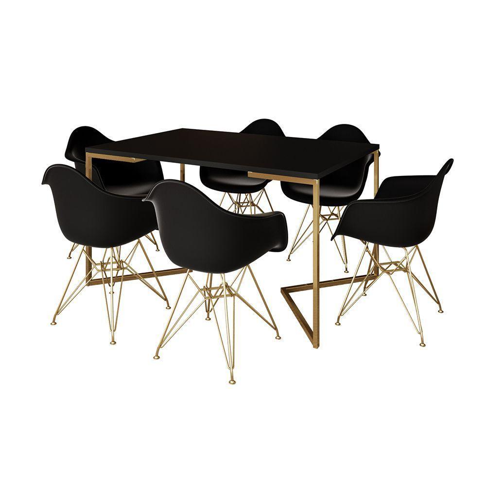 Mesa Jantar Industrial Preta 137X90Cm Base V Com 6 Poltronas Daw Pretas Base Dourada Preto - 6
