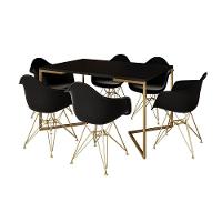 Mesa Jantar Industrial Preta 137X90Cm Base V Com 6 Poltronas Daw Pretas Base Dourada Preto - 6