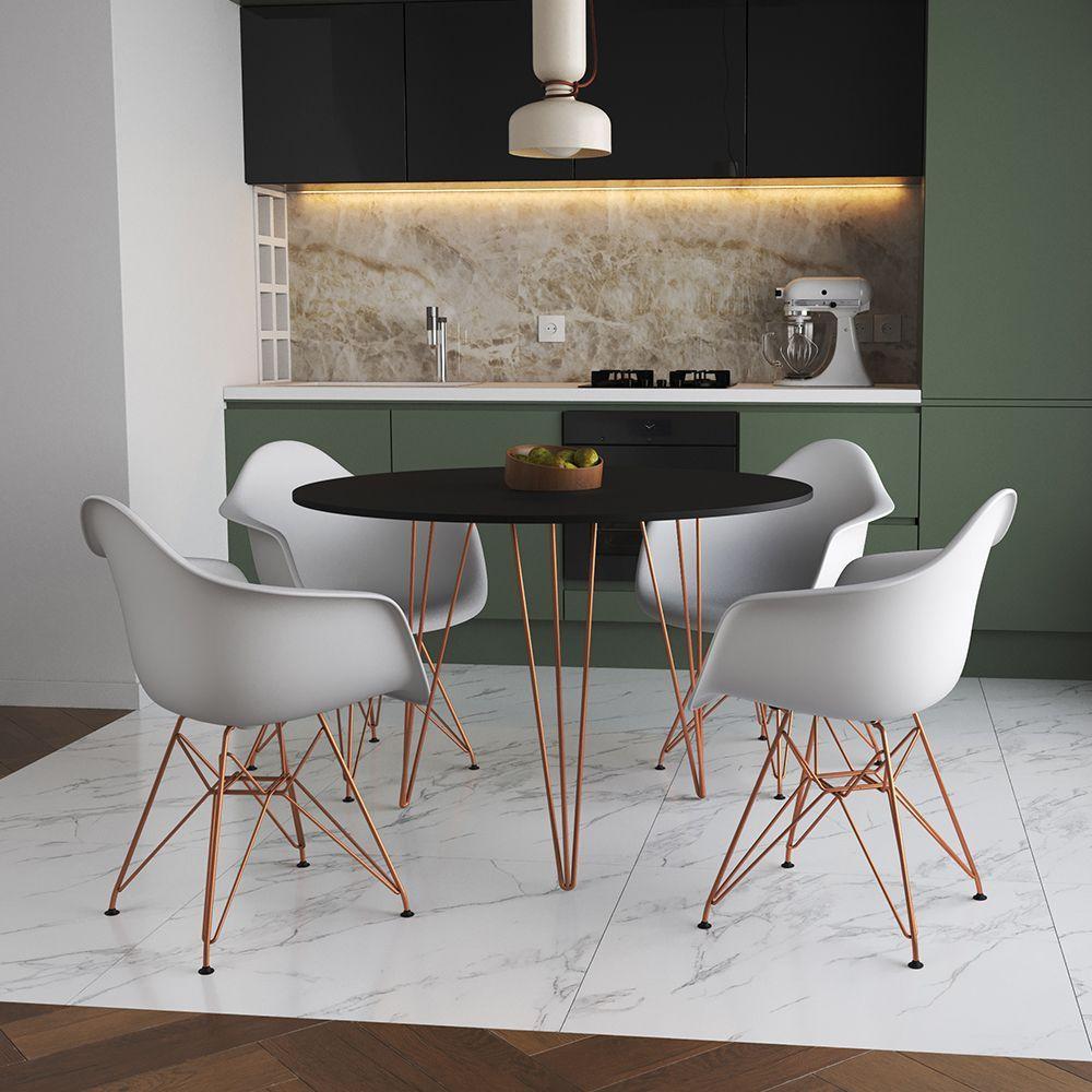 Mesa Jantar Redonda 110Cm Preta Clips 3 Pés Com 4 Poltronas Brancas Base Cobre Preto - 1