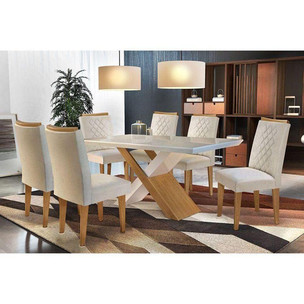 Sala de Jantar Completa Imperatriz c/ Tampo Madeirado Canto Reto 180cm + 6 Cadeiras Jade Imbuia/Veludo Creme - Rufato - 1