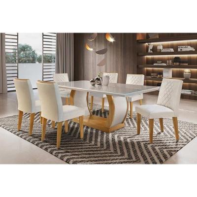 Conjunto: Mesa Sala Jantar Jade c/ Tampo Madeirado c/ Vidro Canto Curvo 180cm + 6 Cadeiras Jade Imbuia/Creme - Rufato