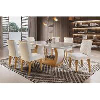 Conjunto: Mesa Sala Jantar Jade c/ Tampo Madeirado c/ Vidro Canto Curvo 180cm + 6 Cadeiras Jade Imbuia/Creme - Rufato - 1