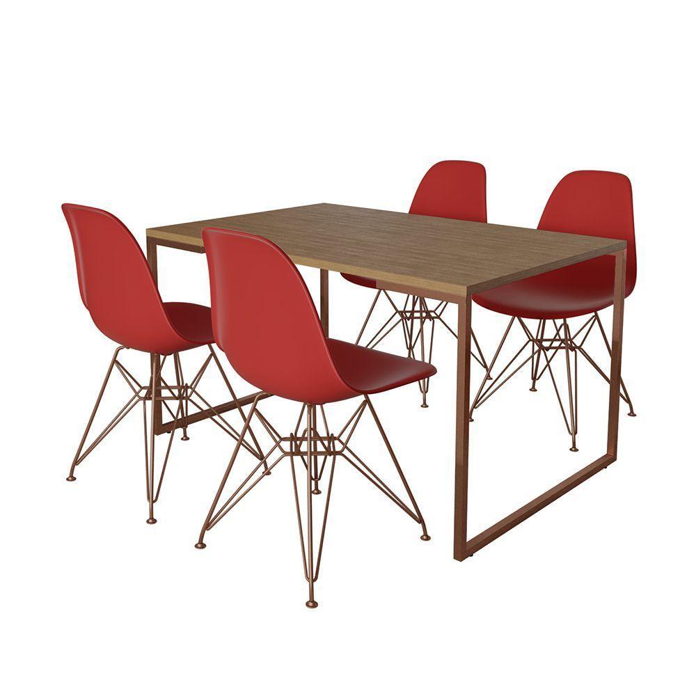 Mesa Industrial Base Ferro Cobre 137X90 Tampo Amêndoa 4 Cadeiras Eiffel Ferro Cobre Assento Vermelho - 6
