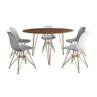 Mesa Jantar Redonda 110Cm Amêndoa Clips 3 Pés Com 5 Cadeiras Eames Eiffel Brancas Base Dourada - 6