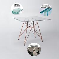 Mesa De Jantar Eames Eiffel Quadrada Vidro 90Cm Com 4 Cadeiras Pretas Base Ferro Cobre - 8