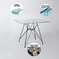 Mesa De Jantar Eames Eiffel Quadrada Vidro 90Cm Com 4 Cadeiras Pretas Base Ferro Preto - 5
