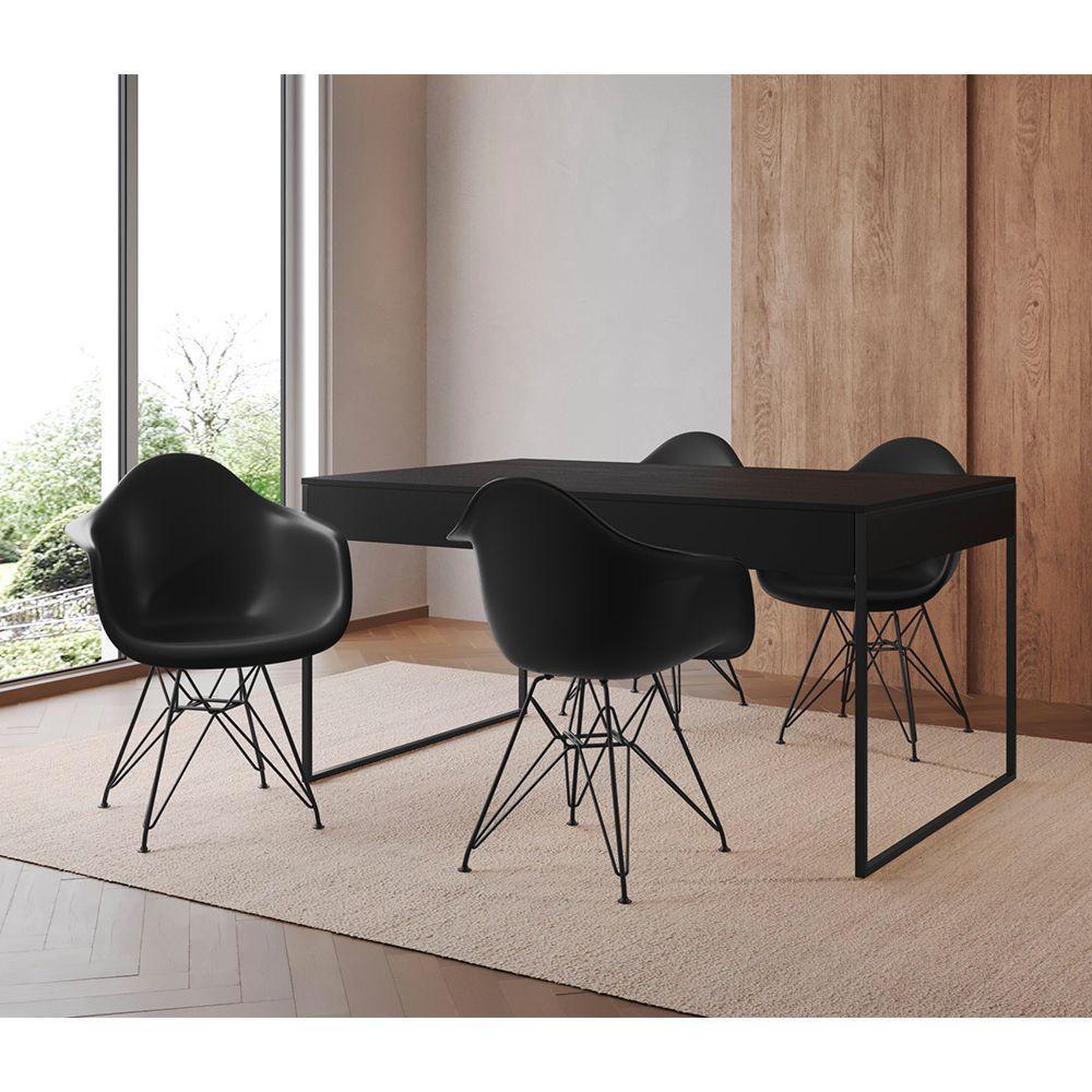 Mesa Jantar Industrial Filadélfia Preta 137X90Cm Com 4 Poltronas Pretas Base Ferro Pret Preto - 1