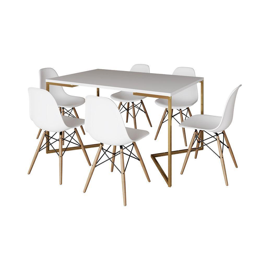 Mesa Jantar Industrial Retangular 137X90Cm Branca Base V Dourada Com 6 Cadeiras Eames Eiffel Madeira - 6