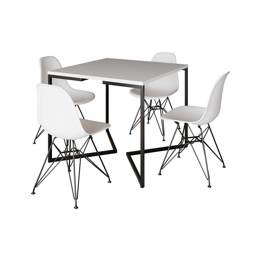 Mesa Jantar Industrial Quadrada 90Cm Branca Base V Com 4 Cadeiras Eames Eiffel Brancas Ferro Preto - 6