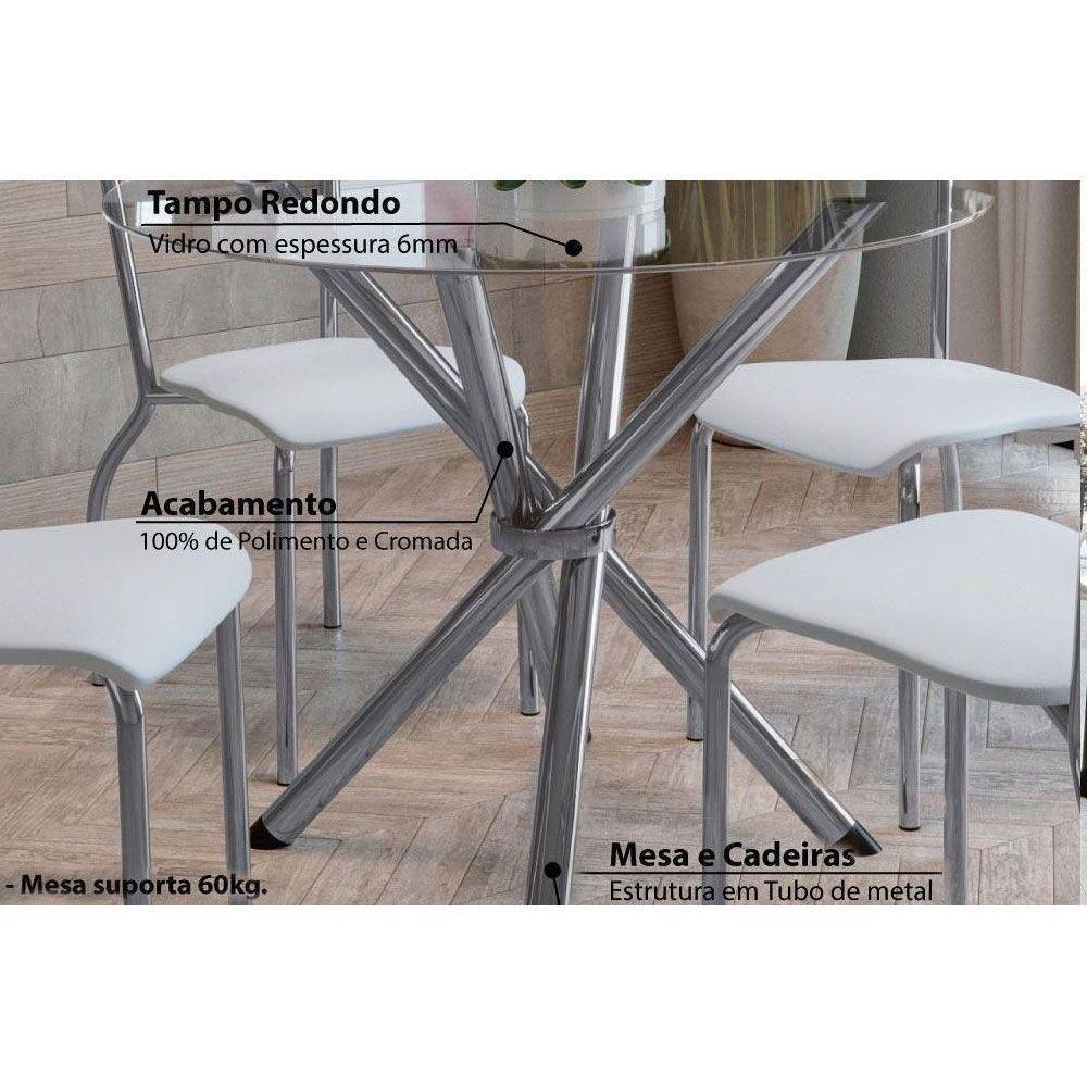 Conjunto: Mesa de Cozinha Volga c/ Tampo Vidro 95cm + 4 Cadeiras Portugal Cromada/Branco - Kappesberg - 2