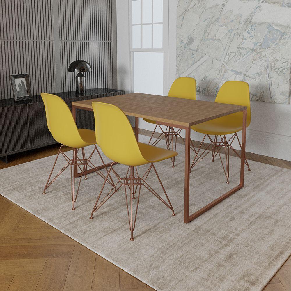 Mesa Industrial Base Ferro Cobre 137X90 Tampo Amêndoa 4 Cadeiras Eiffel Ferro Cobre Assento Amarelo - 1