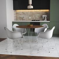 Mesa Jantar Redonda 110Cm Amêndoa Clips 3 Pés Com 4 Poltronas Brancas Ferro Branco Marrom - 1