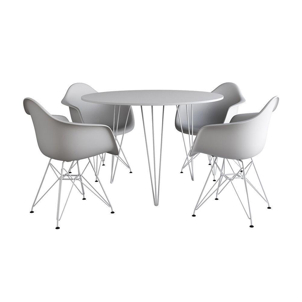 Mesa Jantar Redonda 110Cm Branca Clips 3 Pés Com 4 Poltronas Brancas Ferro Branco Branco - 6