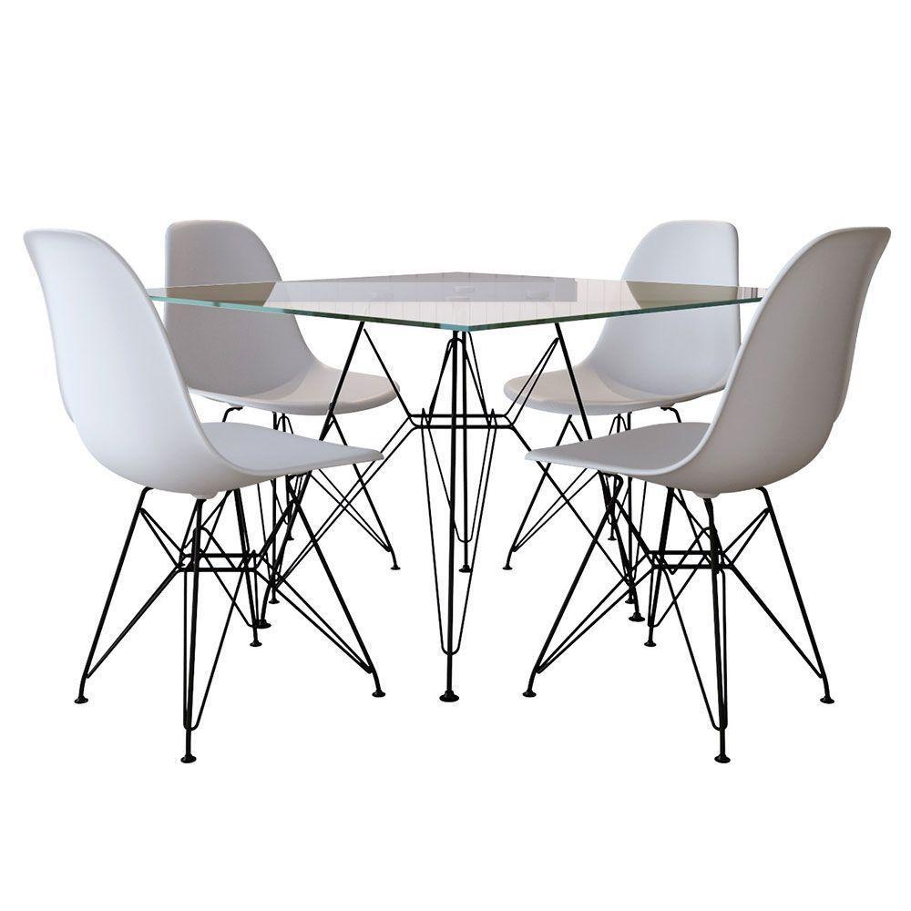Mesa De Jantar Eames Eiffel Quadrada Vidro 90Cm Com 4 Cadeiras Brancas Base Ferro Preto - 1