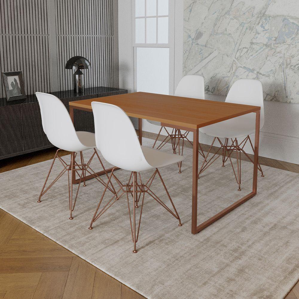 Mesa Industrial Base Ferro Cobre Tampo 137X90 Canela 4 Cadeiras Ferro Cobre Assento Branco - 1