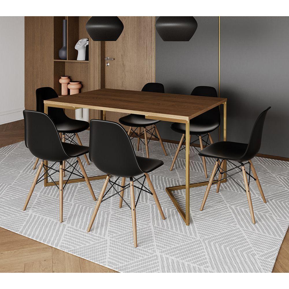Mesa Jantar Industrial Retangular 137X90Cm Amêndoa Base V Dourada Com 6 Cadeiras Eames Eiffel Madeir - 1