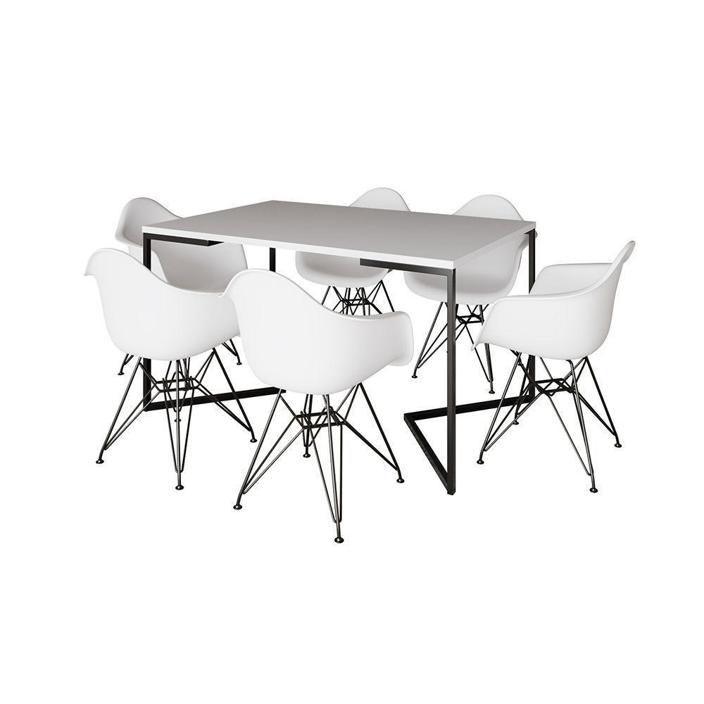 Mesa Industrial Jantar Retangular Branca 137X90Cm Base V Com 6 Poltronas Brancas Ferro Marrom - 6