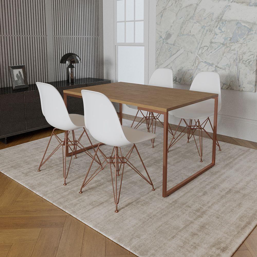 Mesa Industrial Base Ferro Cobre 137X90 Tampo Amêndoa 4 Cadeiras Eiffel Ferro Cobre Assento Branco - 1