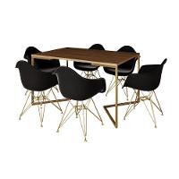 Mesa Jantar Industrial Amêndoa 137X90Cm Base V Com 6 Poltronas Daw Pretas Base Dourada Marrom - 6