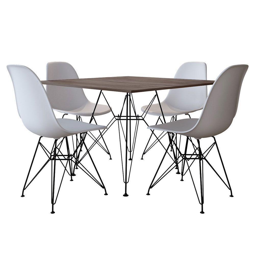 Mesa De Jantar Eames Eiffel 90Cm Amêndoa Quadrada Com 4 Cadeiras Brancas Base De Ferro Preto - 2