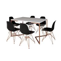 Mesa Jantar Industrial Retangular 137X90Cm Branca Base V Com 6 Cadeiras Eames Eiffel Pretas Base Cob - 6