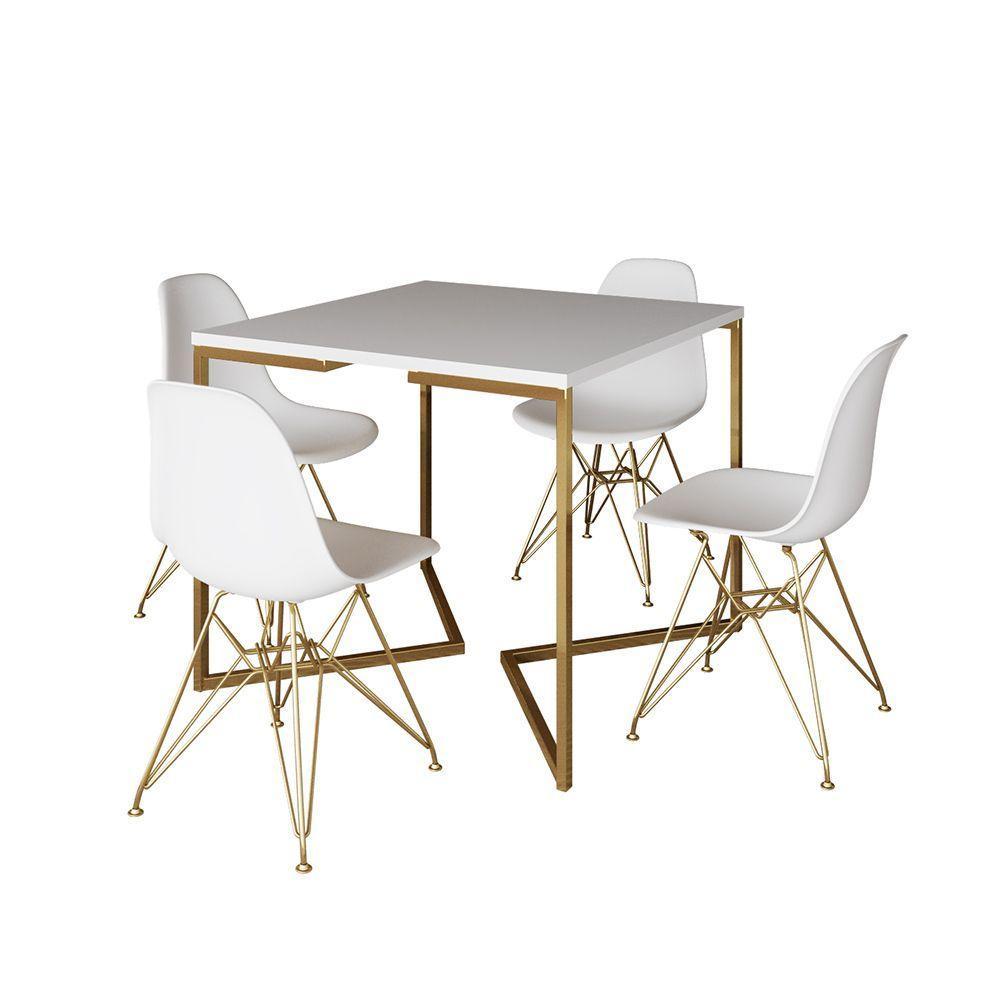 Mesa Jantar Industrial Quadrada 90Cm Branca Base V Com 4 Cadeiras Eames Eiffel Brancas Base Dourada - 5
