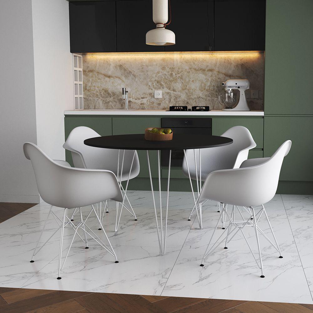 Mesa Jantar Redonda 110Cm Preta Clips 3 Pés Com 4 Poltronas Brancas Ferro Branco Preto - 1