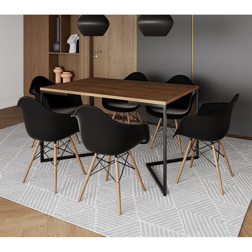 Mesa Jantar Industrial Amêndoa Retangular 137X90Cm Base V Ferro Preto Com 6 Poltronas P Marrom - 1