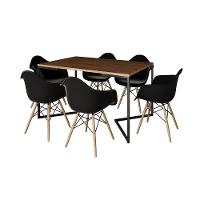 Mesa Jantar Industrial Amêndoa Retangular 137X90Cm Base V Ferro Preto Com 6 Poltronas P Marrom - 6