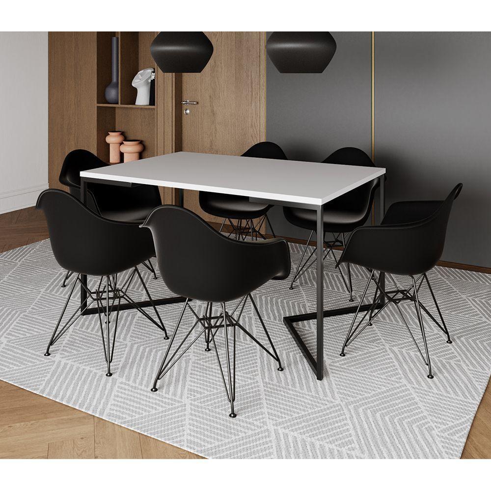 Mesa Jantar Industrial Retangular Branca 137X90Cm Base V Com 6 Poltronas Pretas Ferro P Marrom - 1