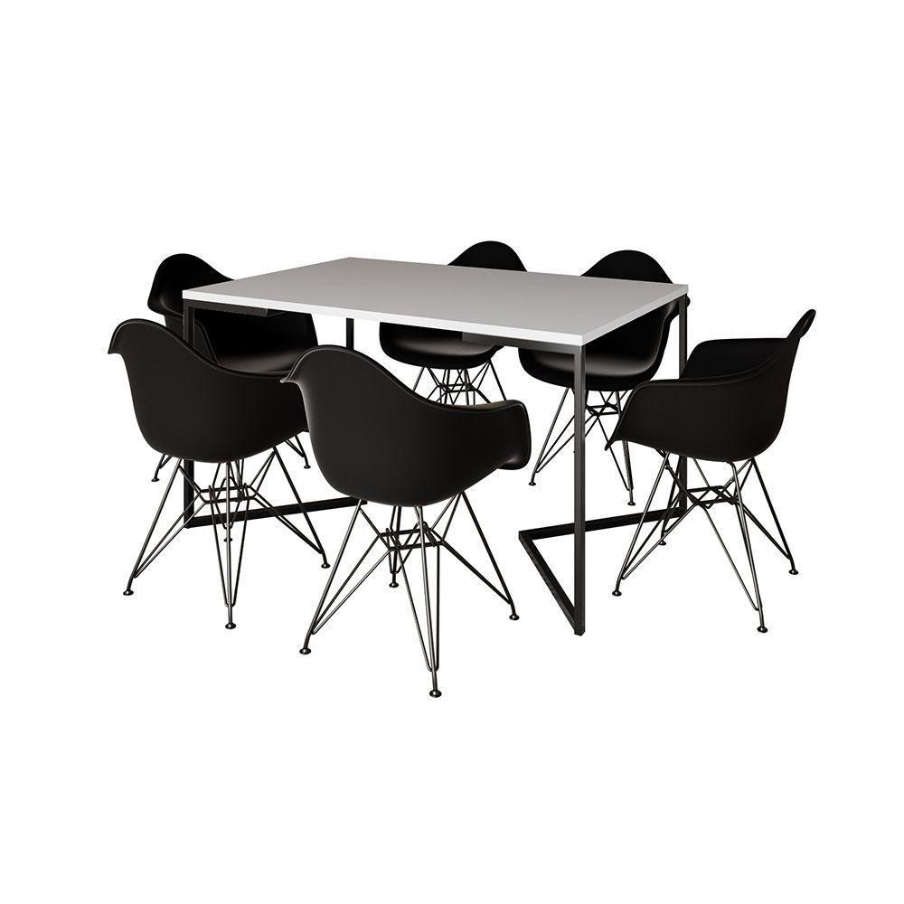Mesa Jantar Industrial Retangular Branca 137X90Cm Base V Com 6 Poltronas Pretas Ferro P Marrom - 6