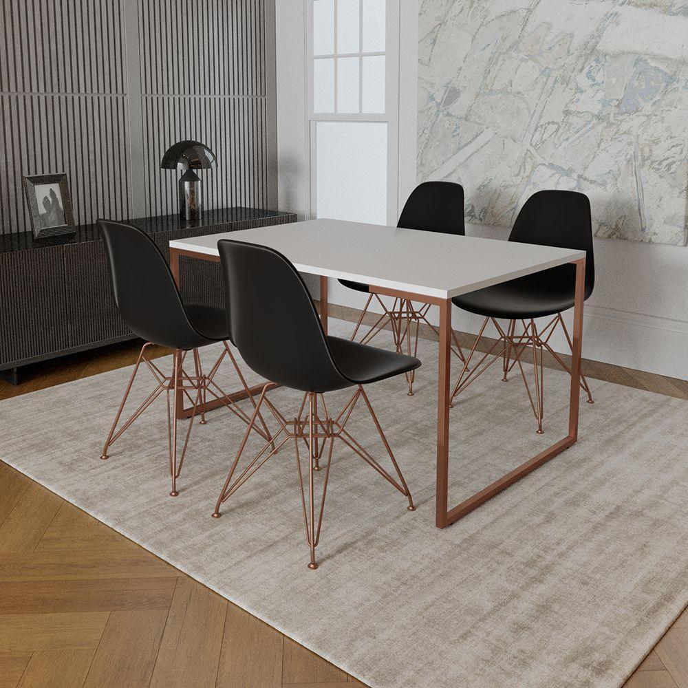 Mesa Industrial Base Ferro Cobre 137X90 Tampo Branco 4 Cadeiras Eiffel Ferro Cobre Assento Preto - 1