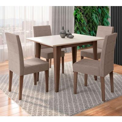 Conjunto Sala De Jantar Retangular Mesa Kate 120cm E 04 Cadeiras Josi Amêndoa Com Off White