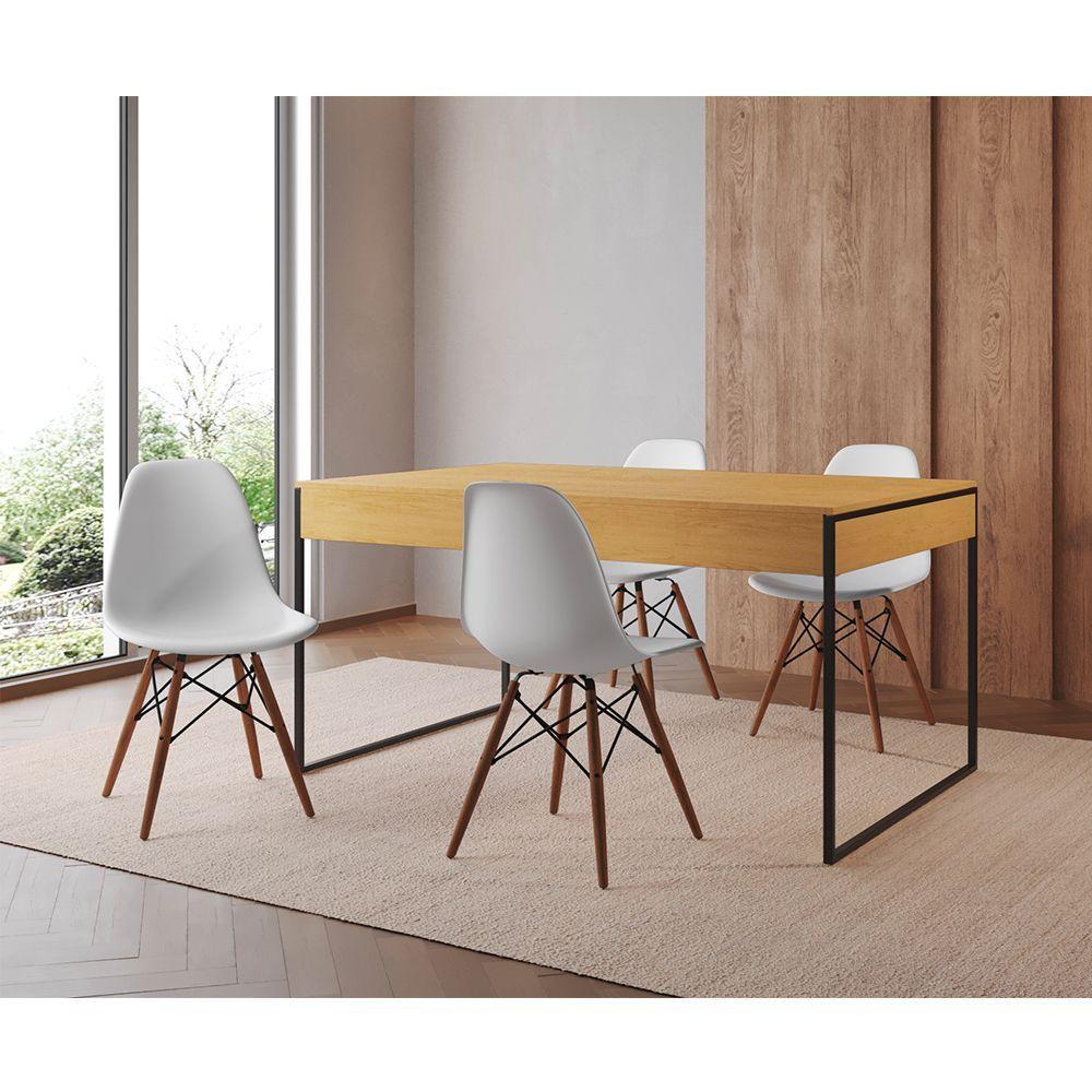 Mesa Jantar Industrial Retangular Filadélfia Canela 137X90Cm Base Ferro Preto Com 4 Cadeiras Brancas - 1