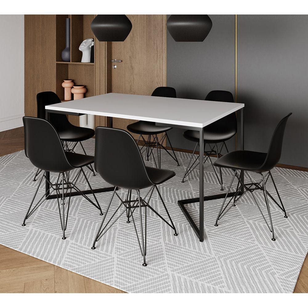 Mesa Industrial Jantar Retangular 137X90Cm Branca Base V Com 6 Cadeiras Eames Eiffel Pretas Ferro Pr - 1