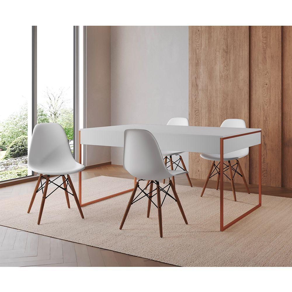 Mesa Jantar Industrial Retangular Filadélfia Branca 137X90Cm Base Cobre Com 4 Cadeiras Brancas Eiffe - 1