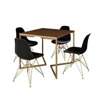 Mesa Jantar Industrial Quadrada 90Cm Amêndoa Base V Com 4 Cadeiras Eames Eiffel Pretas Base Dourada - 6