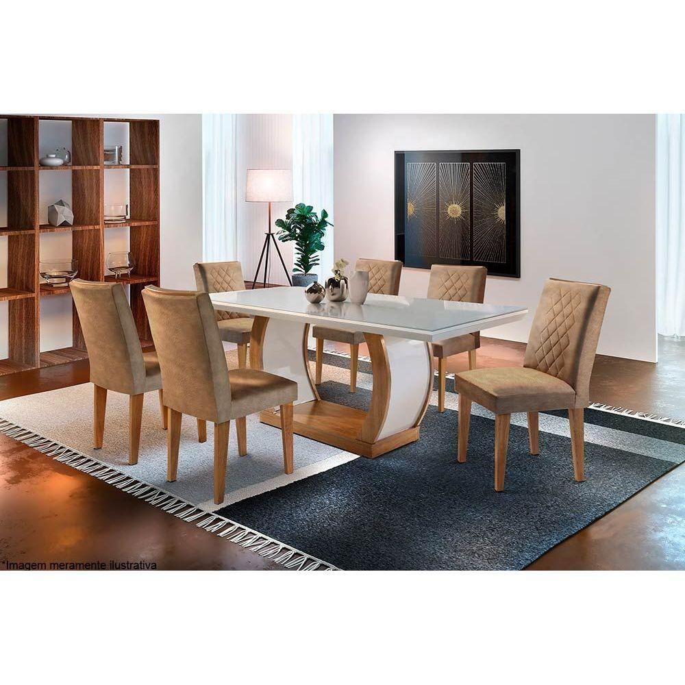 Sala de Jantar Completa Jade c/ Tampo Madeirado c/ Vidro Canto Reto 180cm + 6 Cadeiras Jade Imbuia/OW/Chocolate - Rufato - 1