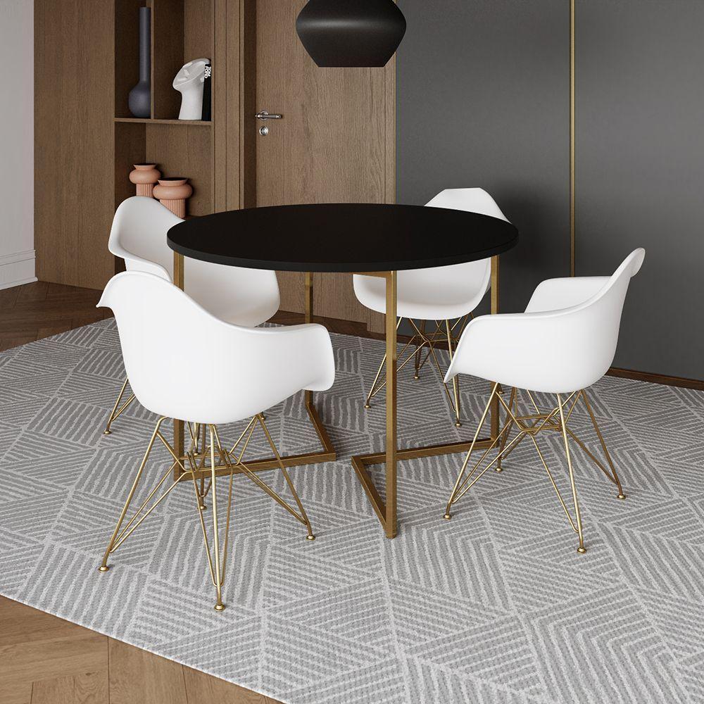 Mesa Jantar Industrial Preta 110Cm Redonda Base V Com 4 Poltronas Daw Brancas Base Dour Preto - 1