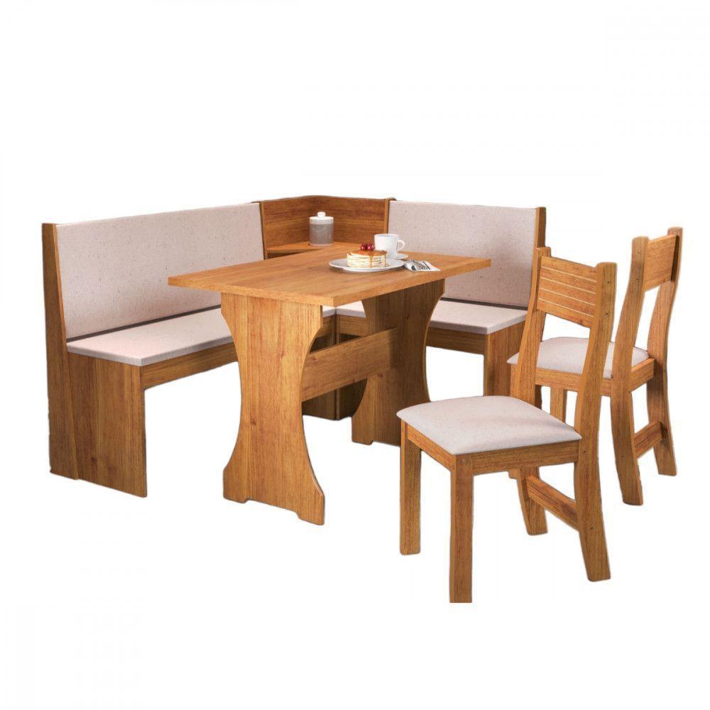 Mesa Com Banco Canto Estofado E 2 Cadeiras Golden Mel Tecido Linho Amendoa Viero Mel / Amendoa - 1